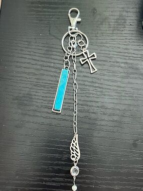 Turquoise Bar, Cross and Angel Wing - Silver Keychain or Bag Charm